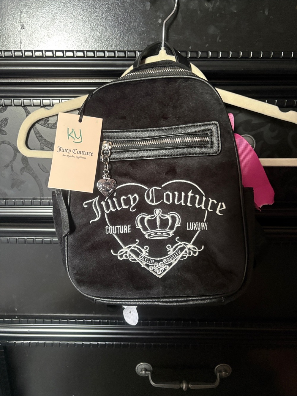 Juicy Couture Black Velvet Mini Backpack with White Embroidered Logo